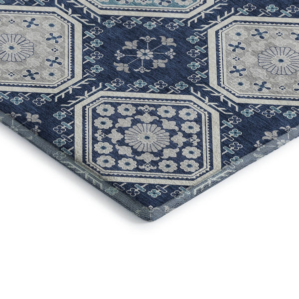HomeRoots 10' X 14' Navy Blue Floral Area Rug - Washable, Stain Resistant, UV Protected for High-Traffic Areas 693744