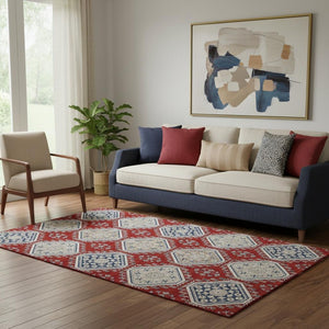 HomeRoots 5' X 8' Floral Area Rug in Red, Navy Blue & Ivory - Stain Resistant, UV Protected & Easy Care Design 693746