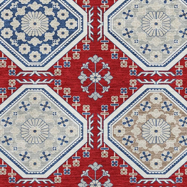 HomeRoots 5' X 8' Floral Area Rug in Red, Navy Blue & Ivory - Stain Resistant, UV Protected & Easy Care Design 693746