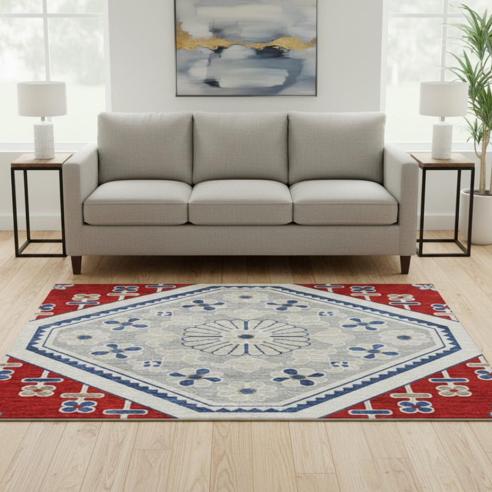 HomeRoots 8' X 8' Floral Washable Round Rug in Red, Navy Blue & Ivory - Durable, Stain-Resistant & UV Protected 693747