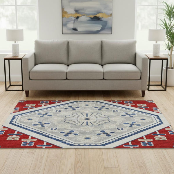 HomeRoots 8' X 8' Floral Washable Round Rug in Red, Navy Blue & Ivory - Durable, Stain-Resistant & UV Protected 693747