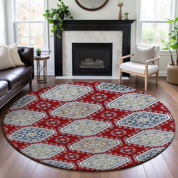 HomeRoots 8' X 8' Floral Washable Round Rug in Red, Navy Blue & Ivory - Durable, Stain-Resistant & UV Protected 693747