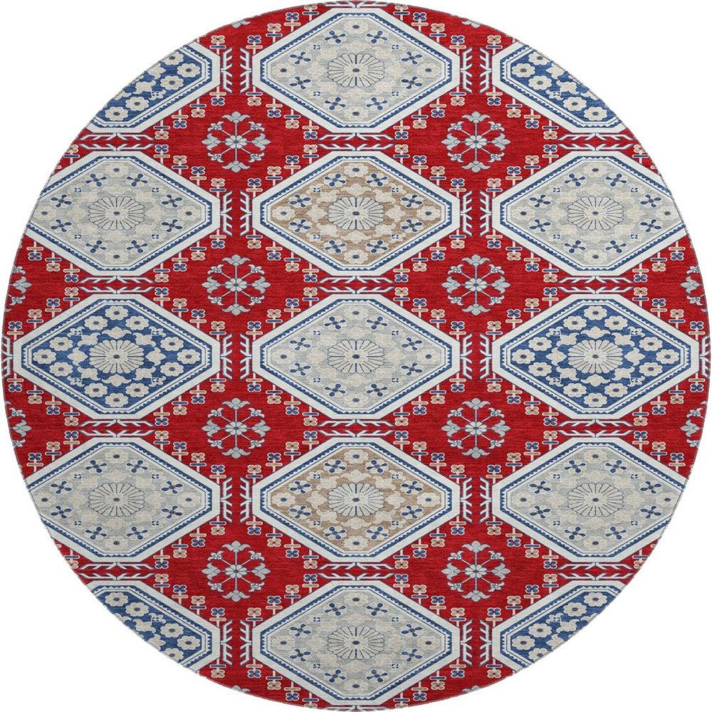 HomeRoots 8' X 8' Floral Washable Round Rug in Red, Navy Blue & Ivory - Durable, Stain-Resistant & UV Protected 693747