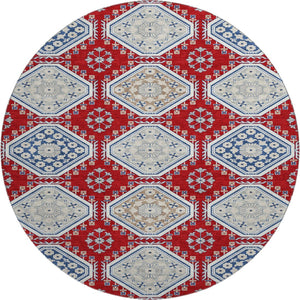 HomeRoots 8' X 8' Floral Washable Round Rug in Red, Navy Blue & Ivory - Durable, Stain-Resistant & UV Protected 693747