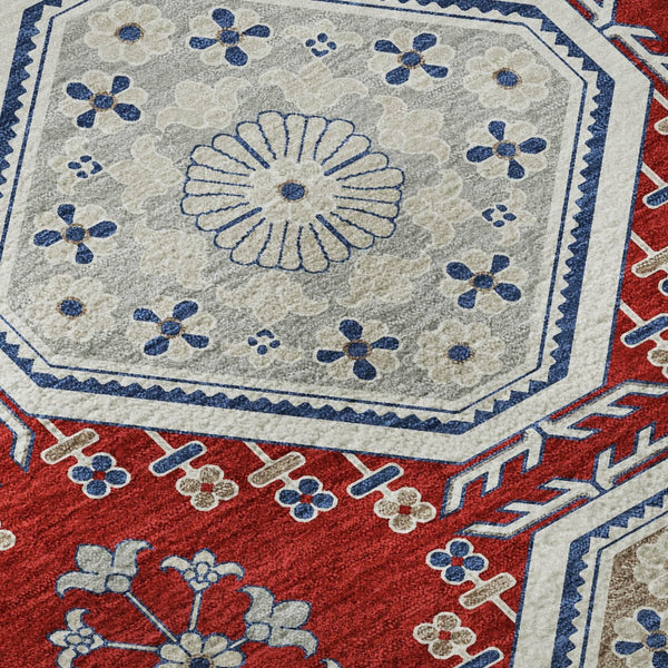HomeRoots 8' X 8' Floral Washable Round Rug in Red, Navy Blue & Ivory - Durable, Stain-Resistant & UV Protected 693747