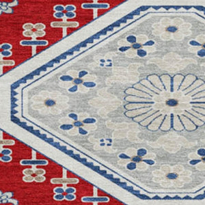 HomeRoots 8' X 8' Floral Washable Round Rug in Red, Navy Blue & Ivory - Durable, Stain-Resistant & UV Protected 693747