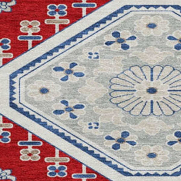 HomeRoots 8' X 8' Floral Washable Round Rug in Red, Navy Blue & Ivory - Durable, Stain-Resistant & UV Protected 693747