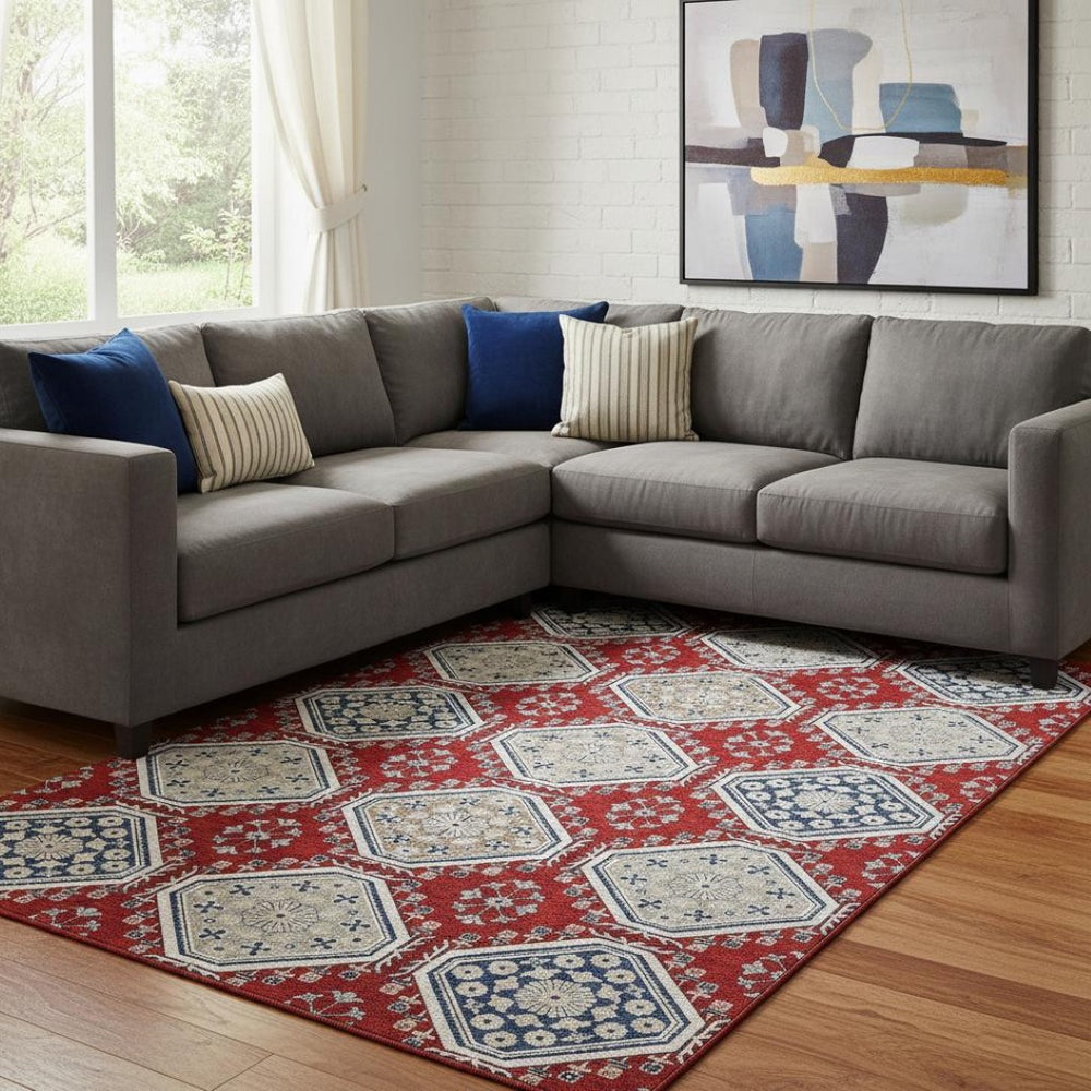 HomeRoots 8' Floral Washable Area Rug in Red, Navy Blue & Ivory - UV Resistant, Stain-Proof & Non-Slip Design 693748