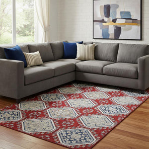 HomeRoots 8' Floral Washable Area Rug in Red, Navy Blue & Ivory - UV Resistant, Stain-Proof & Non-Slip Design 693748