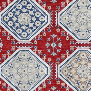 HomeRoots 8' Floral Washable Area Rug in Red, Navy Blue & Ivory - UV Resistant, Stain-Proof & Non-Slip Design 693748