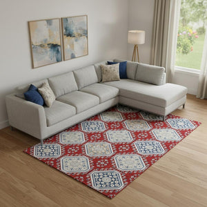 HomeRoots 9' X 12' Elegant Red Navy Blue & Ivory Floral Area Rug - Washable, UV-Protected, Durable Design 693749