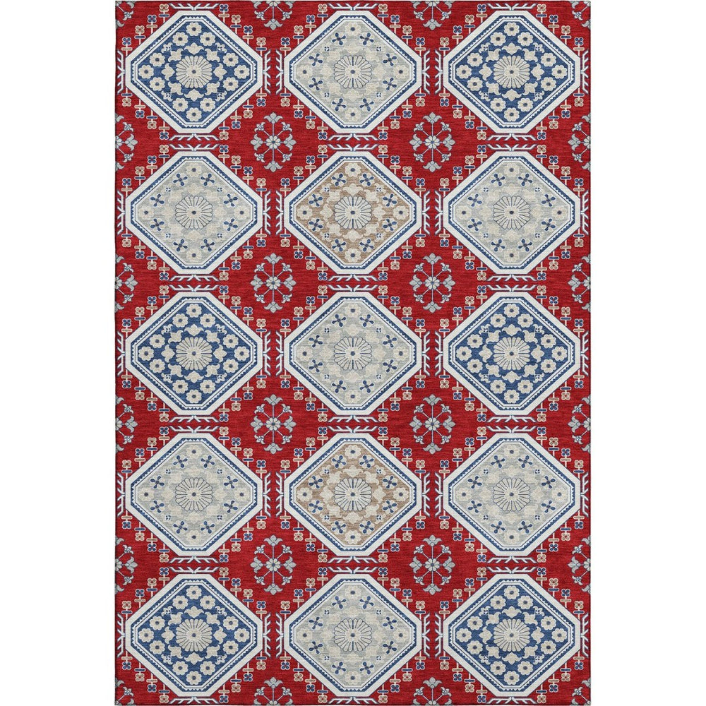 HomeRoots 9' X 12' Elegant Red Navy Blue & Ivory Floral Area Rug - Washable, UV-Protected, Durable Design 693749