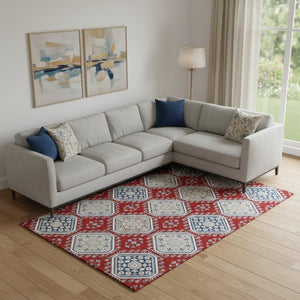 HomeRoots 10' X 14' Bold Floral Area Rug in Red, Navy Blue & Ivory - Washable, UV Protected, Stain Resistant! 693750