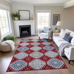 HomeRoots 10' X 14' Bold Floral Area Rug in Red, Navy Blue & Ivory - Washable, UV Protected, Stain Resistant! 693750