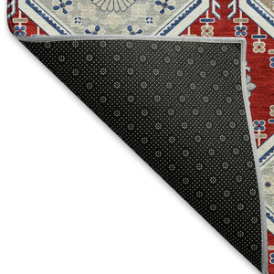 HomeRoots 10' X 14' Bold Floral Area Rug in Red, Navy Blue & Ivory - Washable, UV Protected, Stain Resistant! 693750