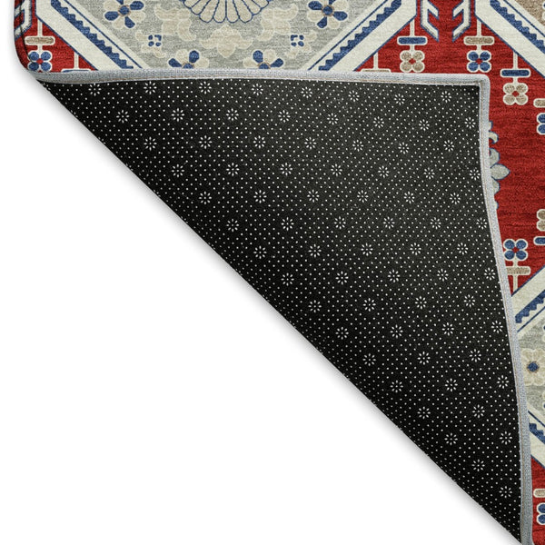HomeRoots 10' X 14' Bold Floral Area Rug in Red, Navy Blue & Ivory - Washable, UV Protected, Stain Resistant! 693750