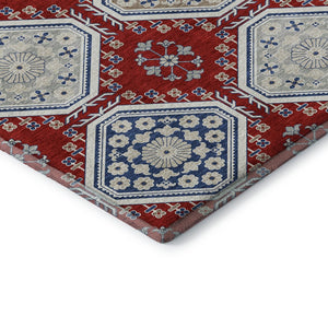 HomeRoots 10' X 14' Bold Floral Area Rug in Red, Navy Blue & Ivory - Washable, UV Protected, Stain Resistant! 693750