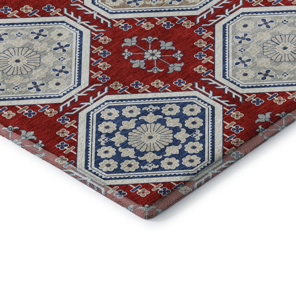 HomeRoots 10' X 14' Bold Floral Area Rug in Red, Navy Blue & Ivory - Washable, UV Protected, Stain Resistant! 693750