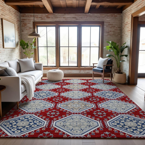 HomeRoots 10' X 14' Bold Floral Area Rug in Red, Navy Blue & Ivory - Washable, UV Protected, Stain Resistant! 693750