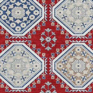 HomeRoots 10' X 14' Bold Floral Area Rug in Red, Navy Blue & Ivory - Washable, UV Protected, Stain Resistant! 693750