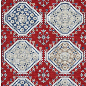 HomeRoots 10' X 14' Bold Floral Area Rug in Red, Navy Blue & Ivory - Washable, UV Protected, Stain Resistant! 693750