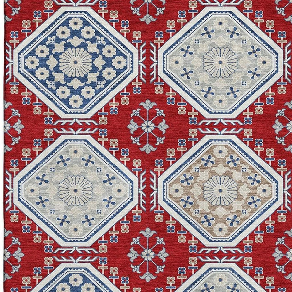 HomeRoots 10' X 14' Bold Floral Area Rug in Red, Navy Blue & Ivory - Washable, UV Protected, Stain Resistant! 693750