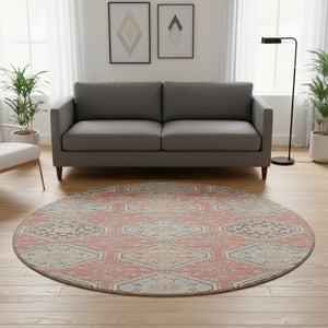 HomeRoots 8' X 8' Salmon Beige & Gray Floral Washable Round Rug – Durable, Stain-Resistant, UV-Protected Style! 693753