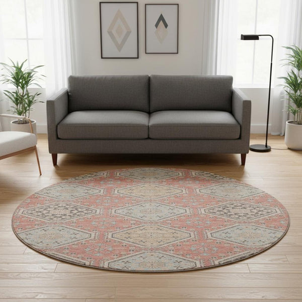 HomeRoots 8' X 8' Salmon Beige & Gray Floral Washable Round Rug – Durable, Stain-Resistant, UV-Protected Style! 693753
