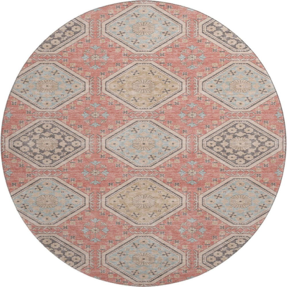 HomeRoots 8' X 8' Salmon Beige & Gray Floral Washable Round Rug – Durable, Stain-Resistant, UV-Protected Style! 693753