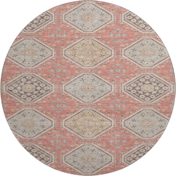 HomeRoots 8' X 8' Salmon Beige & Gray Floral Washable Round Rug – Durable, Stain-Resistant, UV-Protected Style! 693753