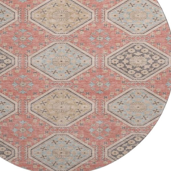 HomeRoots 8' X 8' Salmon Beige & Gray Floral Washable Round Rug – Durable, Stain-Resistant, UV-Protected Style! 693753