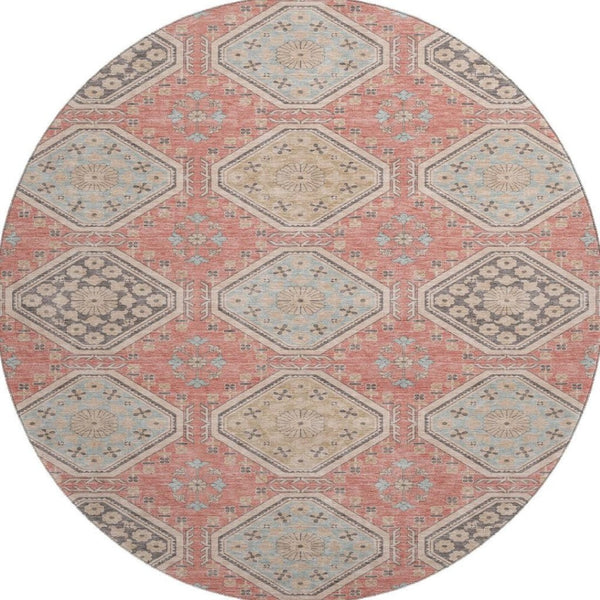 HomeRoots 8' X 8' Salmon Beige & Gray Floral Washable Round Rug – Durable, Stain-Resistant, UV-Protected Style! 693753