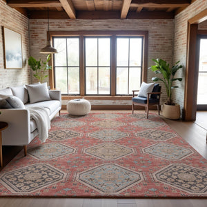 HomeRoots 9' X 12' Salmon Beige & Gray Floral Area Rug – Washable, UV Protected, Durable for High-Traffic Spaces 693755