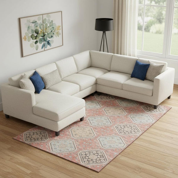 HomeRoots 10' X 14' Salmon Beige & Gray Floral Area Rug – Washable, UV Protected, Ideal for Family Spaces 693756