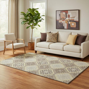 HomeRoots 5' X 8' Taupe Beige & Gray Floral Washable Area Rug - Stain-Resistant, UV Protected, Easy Care! 693758