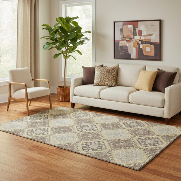 HomeRoots 5' X 8' Taupe Beige & Gray Floral Washable Area Rug - Stain-Resistant, UV Protected, Easy Care! 693758