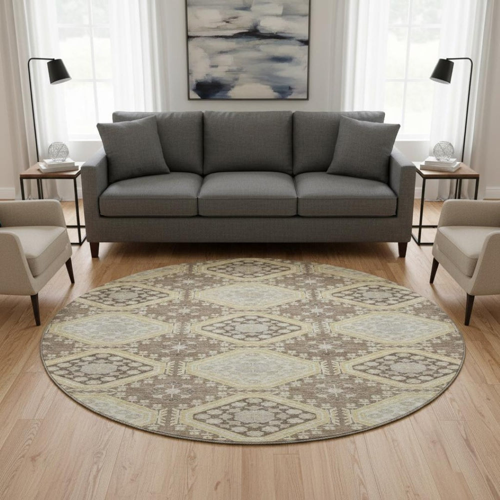 HomeRoots 8' X 8' Washable Taupe Beige & Gray Floral Round Rug with UV Protection for Elegant Spaces 693759