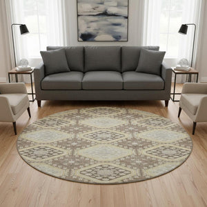 HomeRoots 8' X 8' Washable Taupe Beige & Gray Floral Round Rug with UV Protection for Elegant Spaces 693759