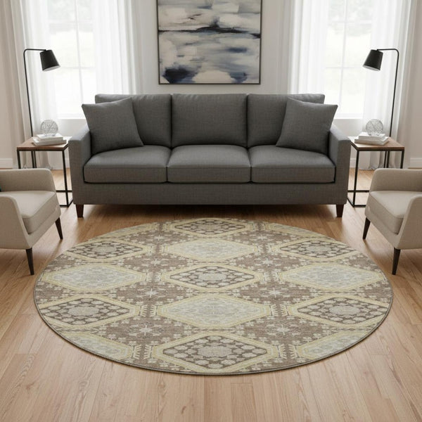 HomeRoots 8' X 8' Washable Taupe Beige & Gray Floral Round Rug with UV Protection for Elegant Spaces 693759