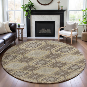 HomeRoots 8' X 8' Washable Taupe Beige & Gray Floral Round Rug with UV Protection for Elegant Spaces 693759