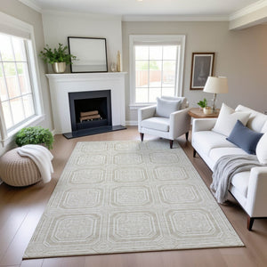 HomeRoots 5' Washable Geometric Area Rug in Beige, Ivory & Taupe - Soft, Durable, UV-Protected for All Spaces 693764