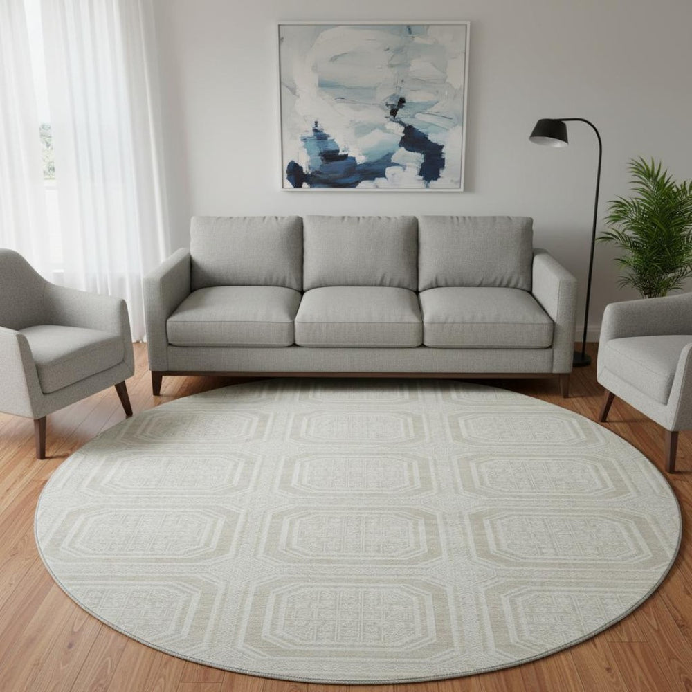 HomeRoots 8' Round Beige Ivory Taupe Geometric Washable Rug with UV Protection for Stylish Living Spaces 693765