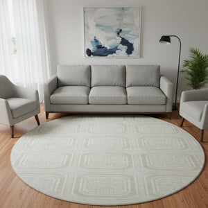 HomeRoots 8' Round Beige Ivory Taupe Geometric Washable Rug with UV Protection for Stylish Living Spaces 693765