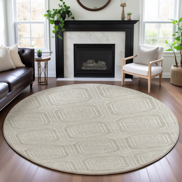 HomeRoots 8' Round Beige Ivory Taupe Geometric Washable Rug with UV Protection for Stylish Living Spaces 693765