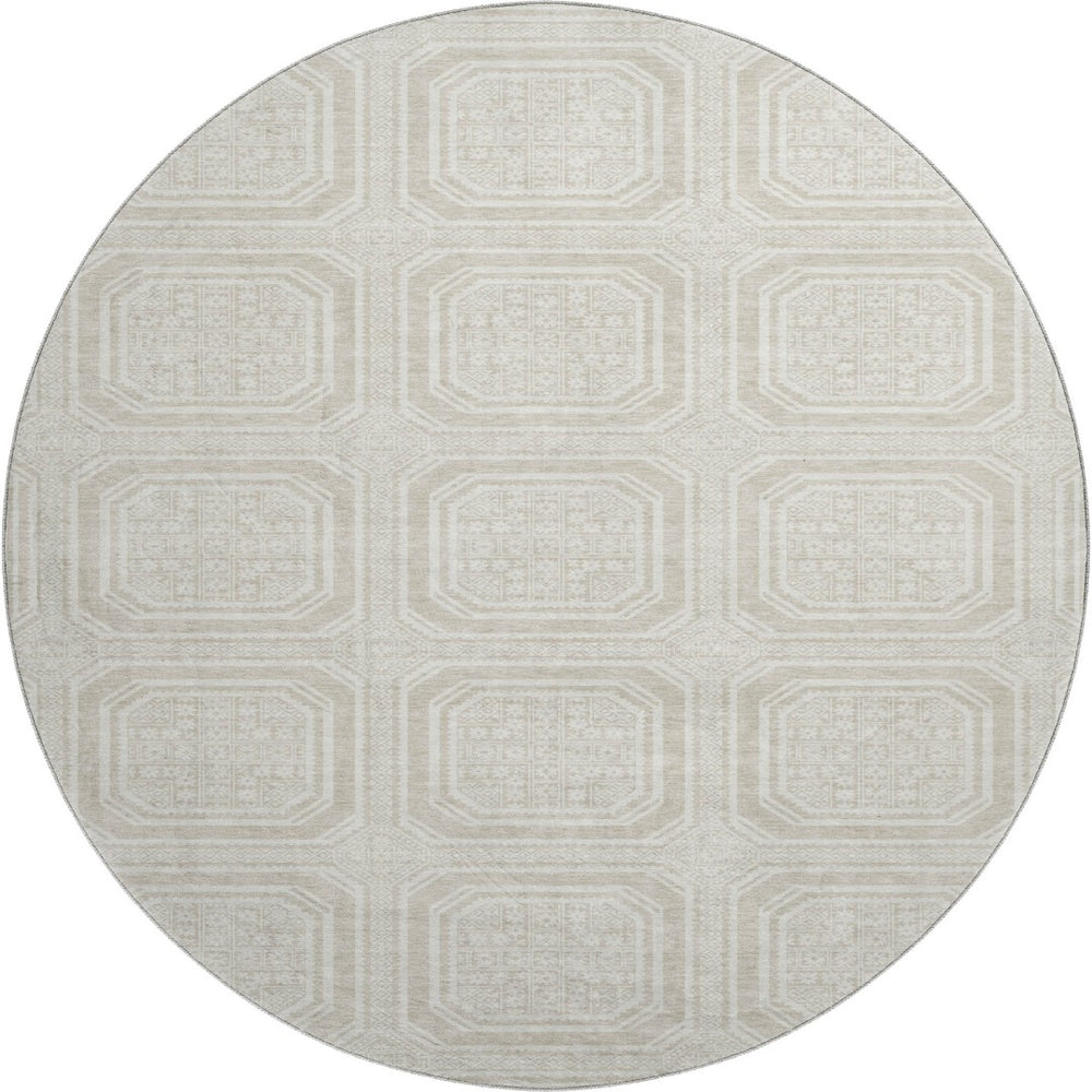 HomeRoots 8' Round Beige Ivory Taupe Geometric Washable Rug with UV Protection for Stylish Living Spaces 693765