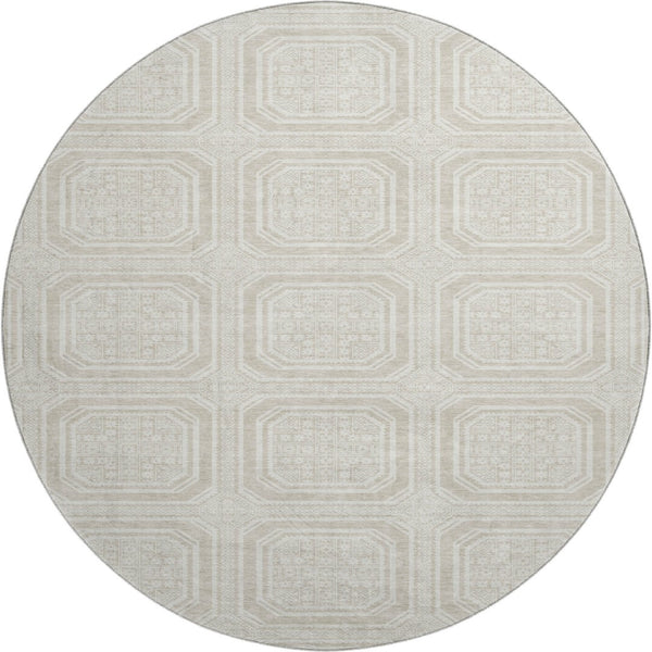 HomeRoots 8' Round Beige Ivory Taupe Geometric Washable Rug with UV Protection for Stylish Living Spaces 693765