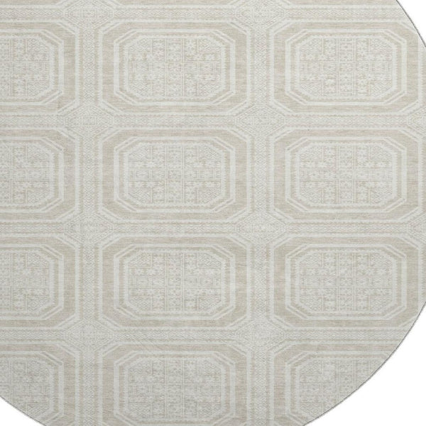 HomeRoots 8' Round Beige Ivory Taupe Geometric Washable Rug with UV Protection for Stylish Living Spaces 693765