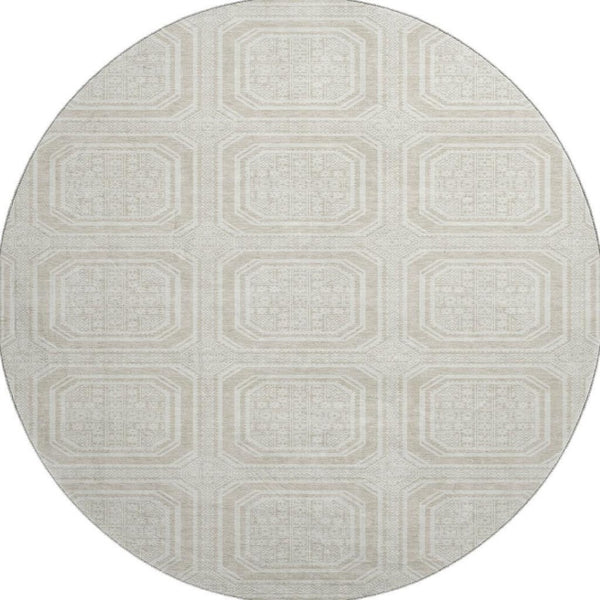 HomeRoots 8' Round Beige Ivory Taupe Geometric Washable Rug with UV Protection for Stylish Living Spaces 693765