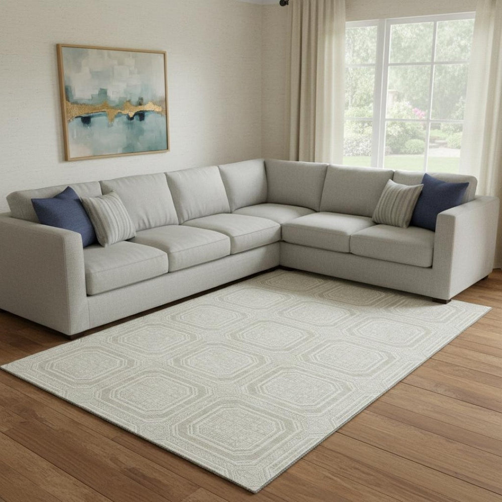 HomeRoots 8' Modern Geometric Washable Area Rug in Beige, Ivory & Taupe with UV Protection for Easy Care 693766
