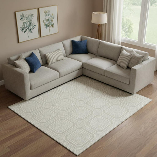 HomeRoots 10' Modern Geometric Beige Ivory Taupe Area Rug - Washable, UV-Protected & Stain-Resistant Design 693768